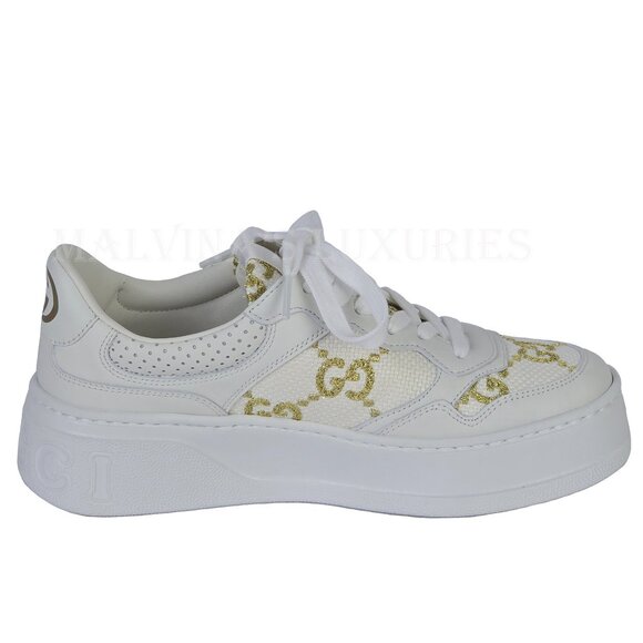 GUCCI SNEAKERS CHUNKY WHITE LEATHER GG LOGO GOLD LAME SHOES sz 36 6 - Picture 11 of 15